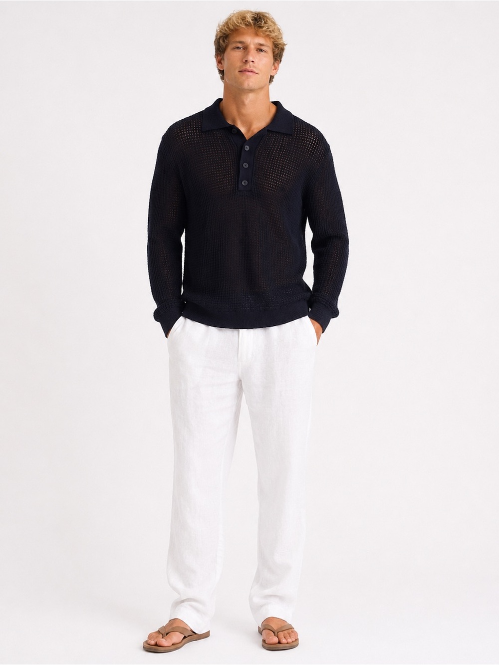 ZARA Navy Open-Knit Long Sleeve Polo Sweater – Men’s Size M